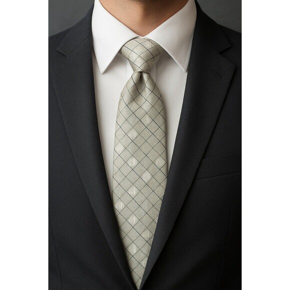 Vintage Amanti Italian Style Plaid Necktie – Silver Gray Microfiber Handmade - Picture 1 of 9